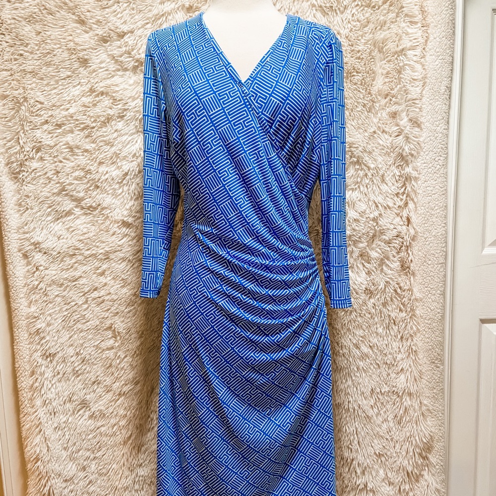 Blue and white patterned cross front dress